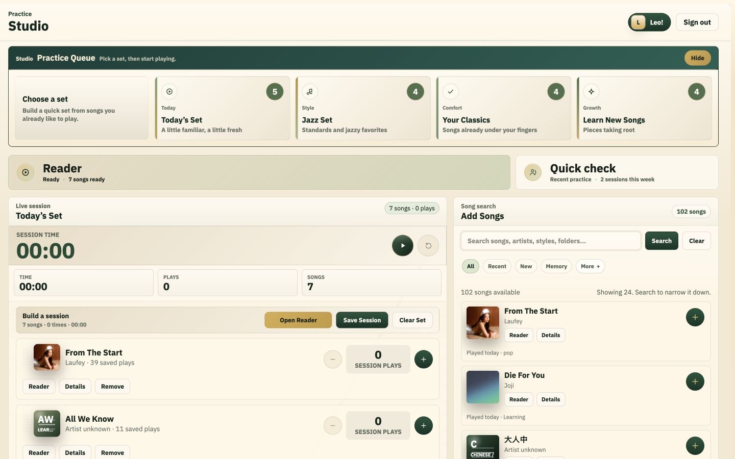 Cedra Practice Studio showing Today’s Set, session controls, and songs from a private guitar library.