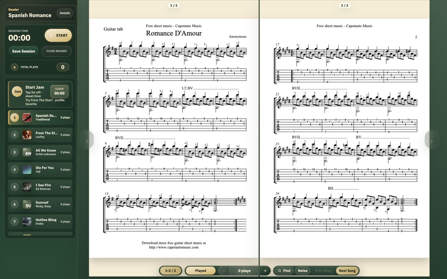 Cedra’s two-page Reader showing a guitar arrangement and the current practice queue.